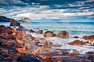 Dramatic spring view of Torre Conca beach. Fantastic morning scene of Rais Gerbi cape. Great seascape of Mediterranean sea. View o