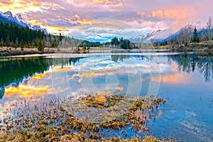 Dramatic Springtime Sunset Colors Blue Lake Canada Landscape Alberta Foothills