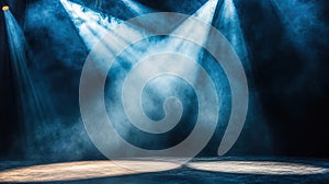 Dramatic stage lighting with blue spotlights and smoke