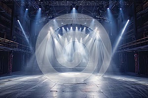 Dramatic Stage Lighting in Empty Concert Hall with Spotlight and Smoke Effects