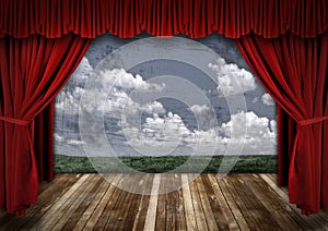 Dramatic Stage With Red Velvet Theater Curtains