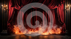 Dramatic Stage Theater with Red Velvet Curtains On Fire. Generative AI
