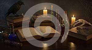 Ancient grimoire illuminated by candlelight magic