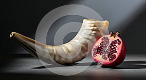 Dramatic still life of Shofar and ruby pomegranate