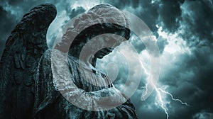 Dramatic Stone Statue of Angelic or Mythological Figure with Wings Against a Stormy Sky with Dark Clouds and Lightning photo