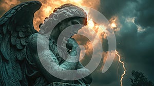 Dramatic Stone Statue of Angelic or Mythological Figure with Wings Against a Stormy Sky with Dark Clouds and Lightning photo