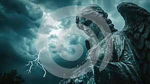 Dramatic Stone Statue of Angelic or Mythological Figure with Wings Against a Stormy Sky with Dark Clouds and Lightning photo