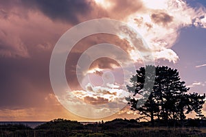 Dramatic storm clouds covering the sun and pouring rain on the Pacific Ocean coastline, California