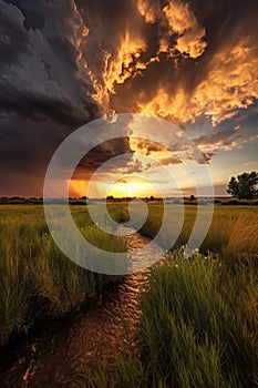 dramatic storm clouds gathering at sunset