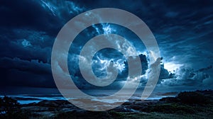 The Dramatic Storm Clouds Illuminated by Lightning Over the Ocean. AI generated image