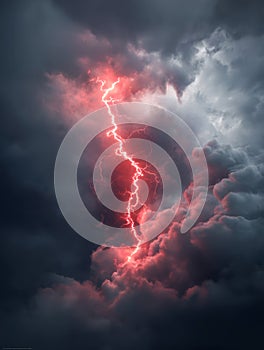 Dramatic storm clouds illuminated by a vibrant red lightning bolt piercing through the dark sky, creating a powerful and intense