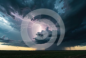 Dramatic storm clouds with lightning over a flat landscape create a powerful