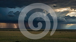 Dramatic Lightning Storm Over Grassland
