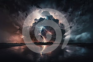 Dramatic Storm clouds with lightning strikes and dark atmosphere. Giant Storm with heavy dark skies and thunferstorm lightning