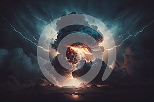 Dramatic Storm clouds with lightning strikes and dark atmosphere. Giant Storm with heavy dark skies and thunferstorm lightning