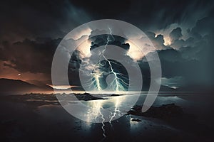 Dramatic Storm clouds with lightning strikes and dark atmosphere. Giant Storm with heavy dark skies and thunferstorm lightning