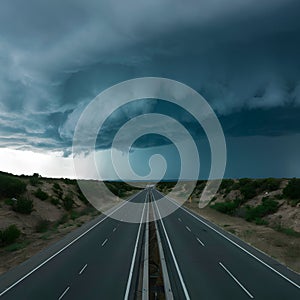 Dramatic storm clouds loom ominously over the empty highway