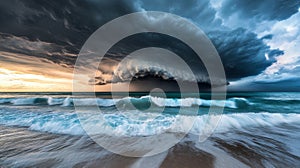 Dramatic Storm Clouds Over a Blue Ocean with Waves