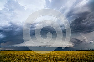 Dramatic storm clouds over a farm field