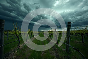 Dramatic storm clouds over a lush green vineyard