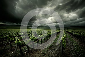 Dramatic storm clouds over lush vineyard landscape