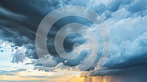 Dramatic storm clouds with rain and sunlight breaking through