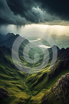 dramatic storm clouds rolling over mountain range