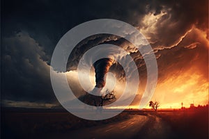 dramatic storm at sunset producing a powerful tornado
