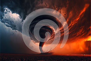 dramatic storm at sunset producing a powerful tornado