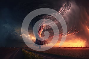 A dramatic storm at sunset producing a powerful tornado. Generative AI