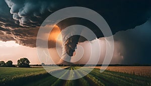 A dramatic storm at sunset producing a powerful tornado twisting through the countryside with sheet lightning