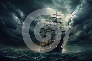 dramatic stormy sky above a ghostly ship