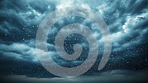 Dramatic stormy sky with dark clouds and heavy rain falling.