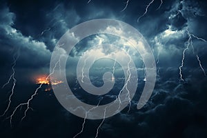 dramatic stormy sky with lightning and dark cumulus clouds aerial view for abstract background