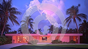 In a dramatic stormy sky with lightning, a house is softly lit by warm light