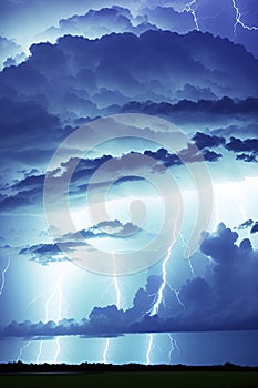 Dramatic stormy sky with lightning and thunderclouds.