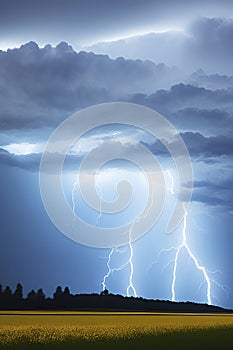 Dramatic stormy sky with lightning and thunderclouds.