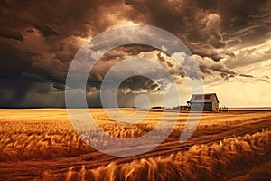 Dramatic stormy sky over a wheat field with a red barn, AI Generated