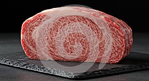 Premium marbled beef cut resting on black slate