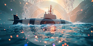 Dramatic Submarine at Sunset, Ocean Water with Bokeh Lights photo