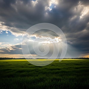 Dramatic Sun Rays Breaking Through Dark Clouds Over Green Field