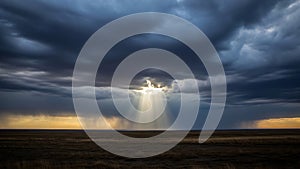 Dramatic Sun Rays Breaking Through Storm Clouds Over Vast Field