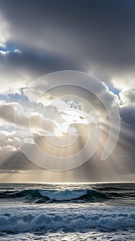 Dramatic Sun Rays Piercing Through Clouds Over Crashing Ocean Waves