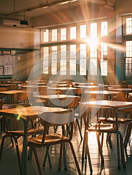 Dramatic sunbeams filter through large windows, casting a warm glow over the vacant lunchroom filled with rows of wooden photo