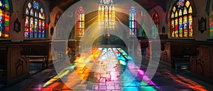 Dramatic sunlight streams through stained glass windows, casting vibrant rainbow shadows on the aisle of a serene church