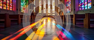 Dramatic sunlight streams through stained glass windows, casting vibrant rainbow shadows on the aisle of a serene church