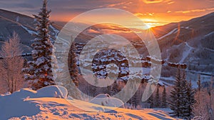 Dramatic Sunrise over the ski village of Vail, Colorado in the Rocky Mountains