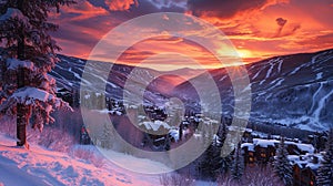 Dramatic Sunrise over the ski village of Vail, Colorado in the Rocky Mountains