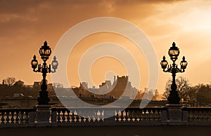 Dramatic sunrise over the streets of Paris. Morning rush hour traffic