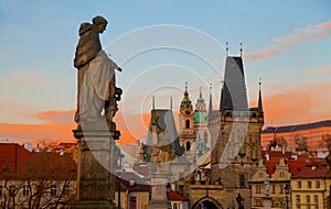 Dramatic sunrise view of the towers of Mala Strana from Charles